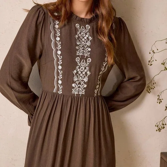 Coffee Brown Party Women's Frill Maxi Dress - Picture 6 of 7